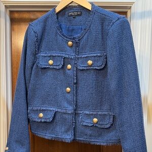 Central Park West Blue Tweed Cropped Blazer with Gold Buttons
